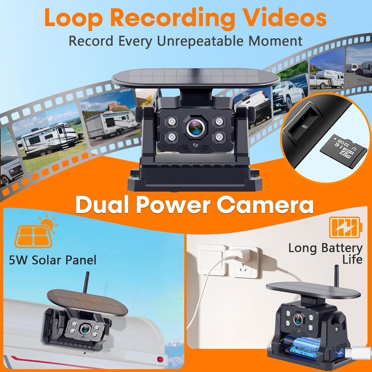Dual RV Backup Camera Wireless with Magnetic - Recording 1080P HD Solar Rear View Camera