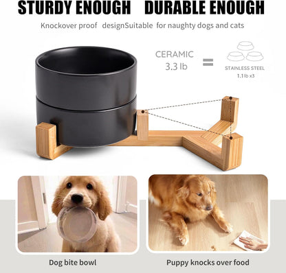 Black Ceramic Dog & Cat Bowl Set – 13.5 OZ with Wooden Stand, Non-Slip, Elevated Design for Small