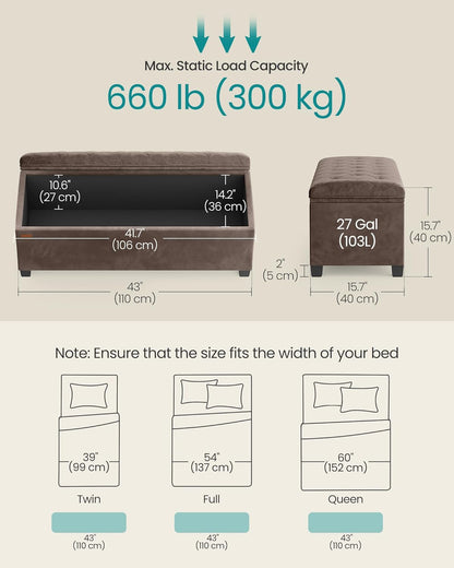 SONGMICS Velvet Storage Ottoman Bench, Foot Rest with Legs, 15.7 x 43 x 15.7 Inches, End of Bed