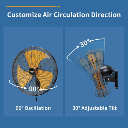 Oscillating High Velocity Wall Mount Fan, Industrial Heavy Duty Metal Wall Fans, 3 Speeds