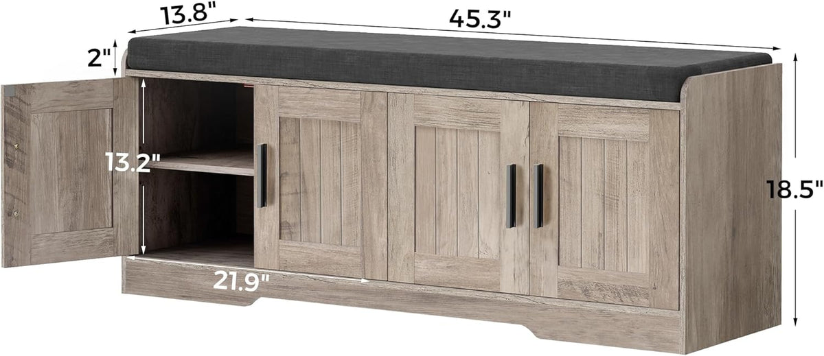 2-Tier Storage Bench, Shoe Bench with Thickened Padded Seat Cushion, Entryway Bench with 4 Doors