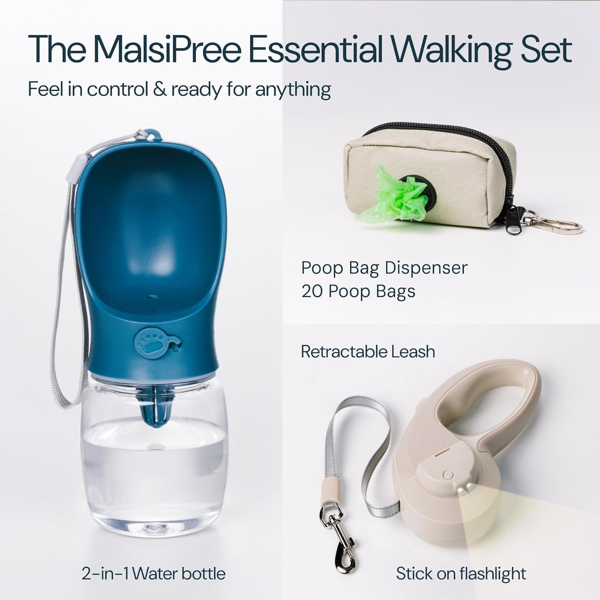 MalsiPree Walking Set with Retractable Dog Leash, Poop Bag Holder, Leak Proof 12 Oz Dog Water