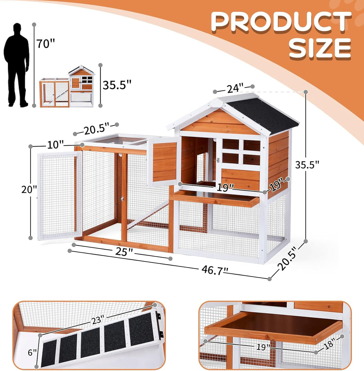 Outvita Rabbit Hutch, Small Wood Chicken Coop, 48" Guinea Pig Cage w/Pull-Out Tray, Waterproof
