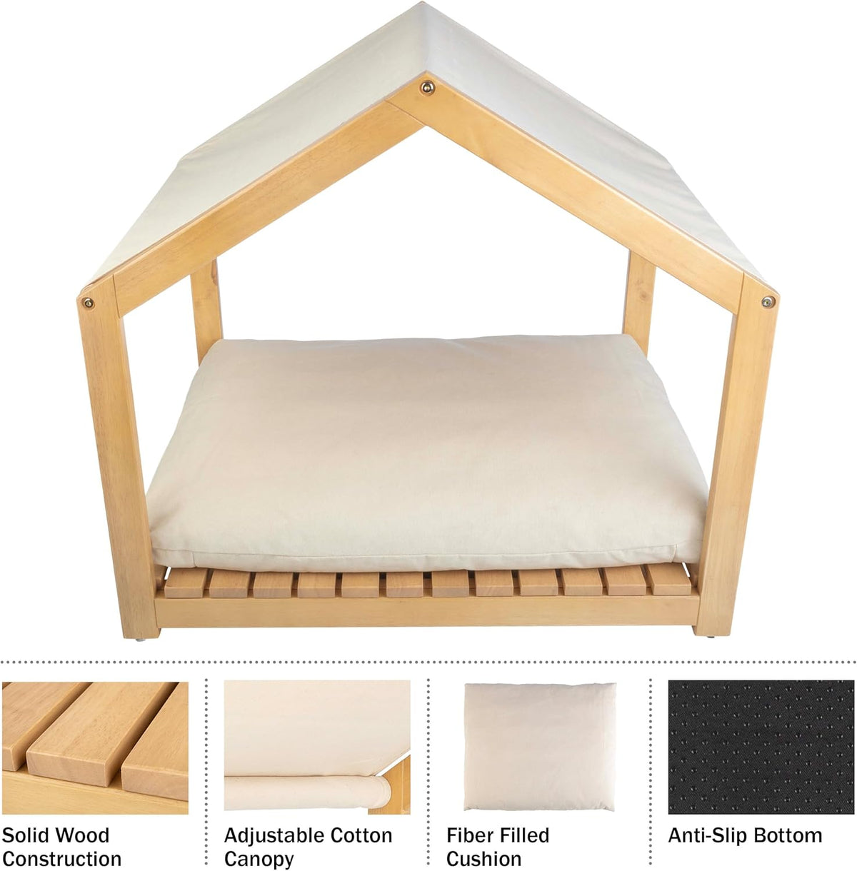 Dog House - 30x24-Inch Indoor Dog House with Soft Cushion and Adjustable Canopy - Wood Dog