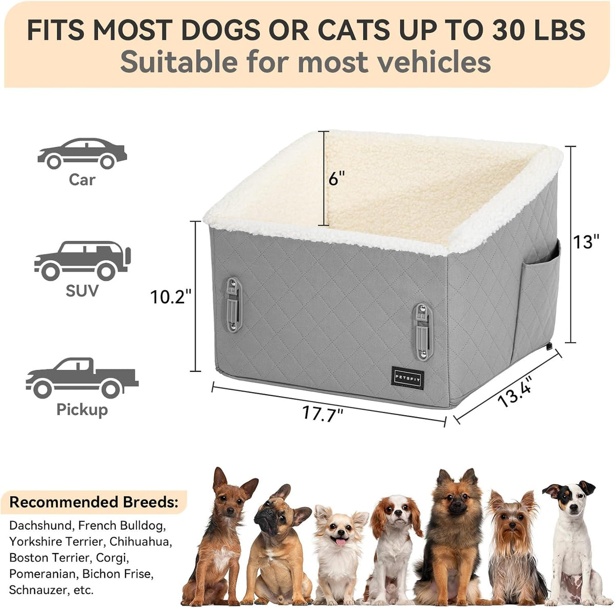 PETSFIT Small Dog Car Seat, Soft Foam Dog Booster Car Seat with Patented Safety Buckles, Storage