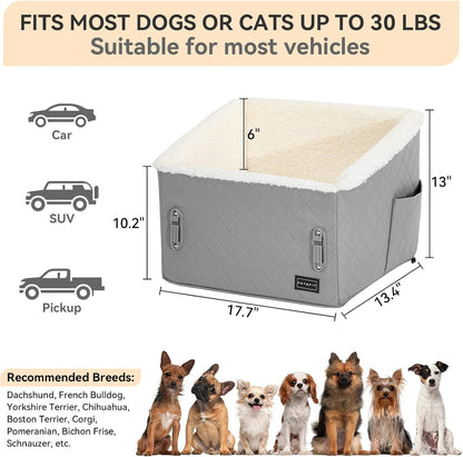 PETSFIT Small Dog Car Seat, Soft Foam Dog Booster Car Seat with Patented Safety Buckles, Storage