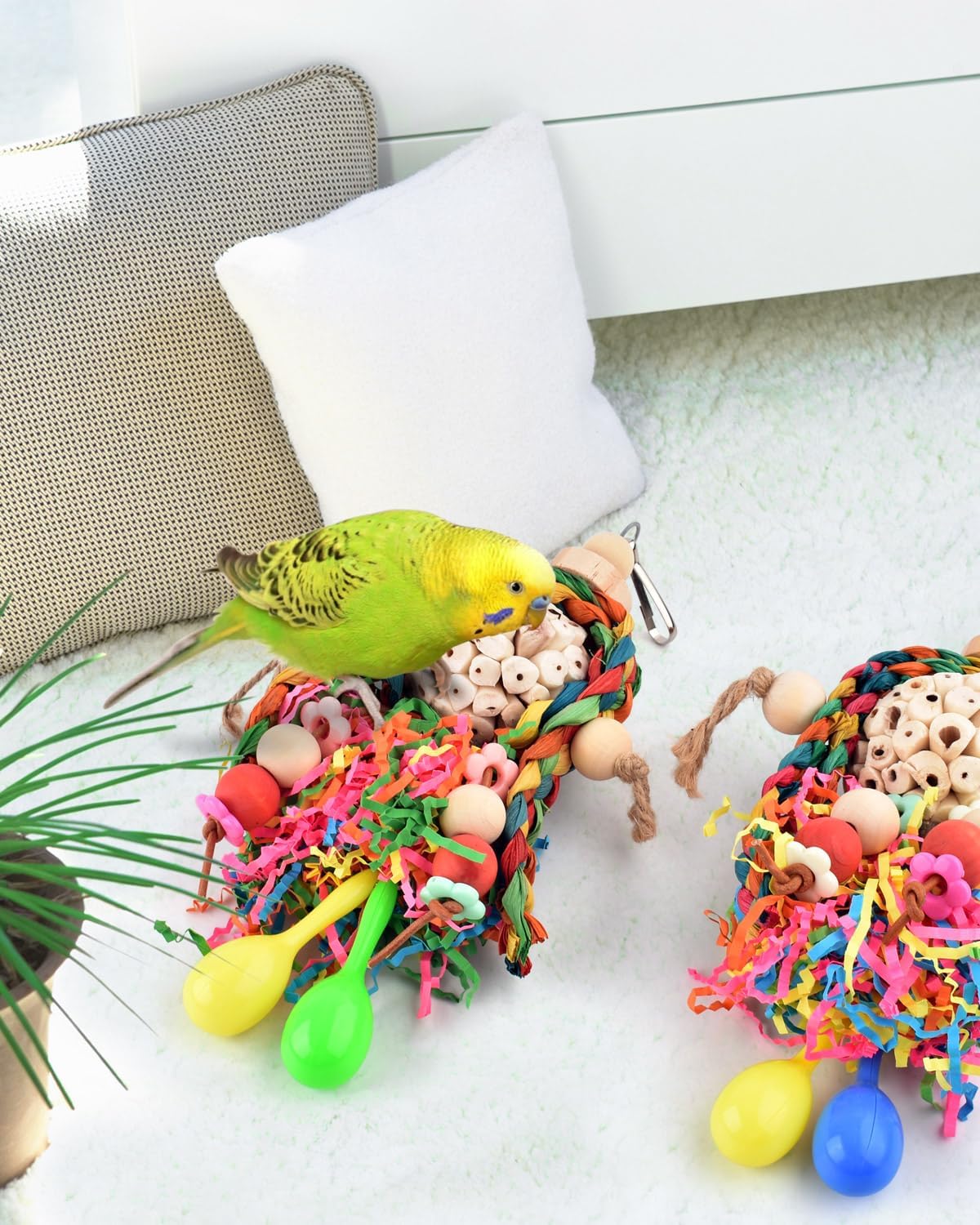 Bissap Conure Toys, 2PCS Bird Parrot Foraging Shredder Hanging Toys Sola Balls with Sand Hammer for