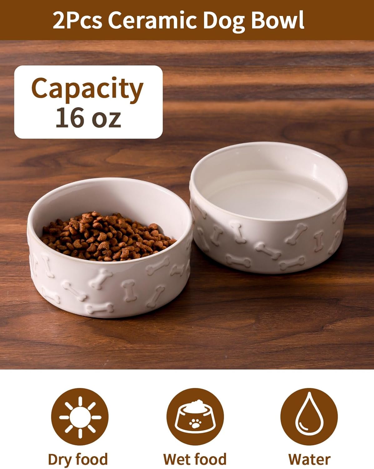 UBEE Ceramic Dog Bowl Set of 2, 5.1 inch Dog Food Bowl with Bone Pattern, Pet Food Water Dish