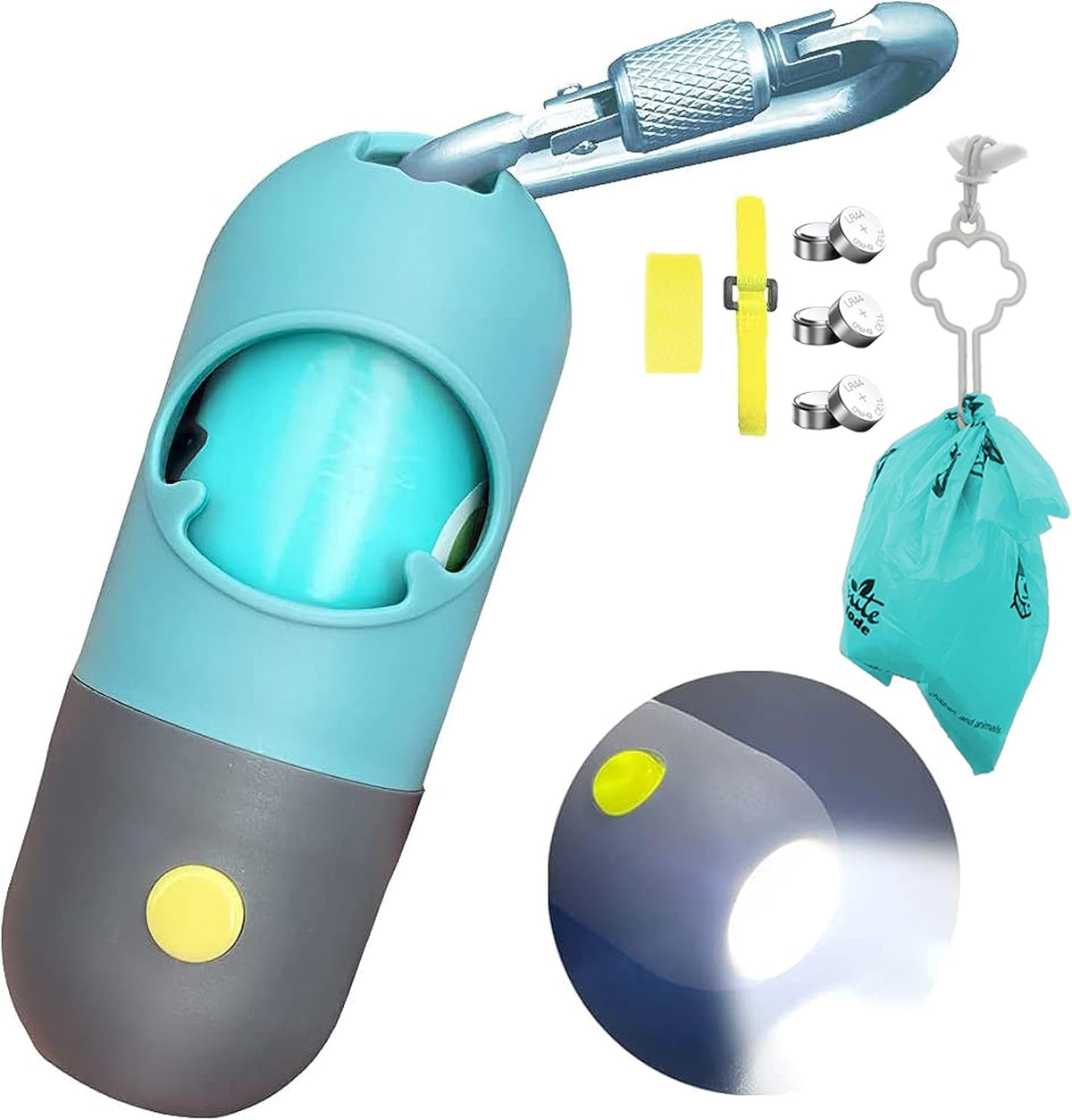 Dog Poop Bag Dispenser with Built-in LED Flashlight and Metal Clip for Leash, Pet Waste Bag Holder