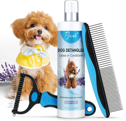 Dog Detangler Spray, Natural Dog Leave in Conditioner Spray with Deshedding Brush and Metal Comb