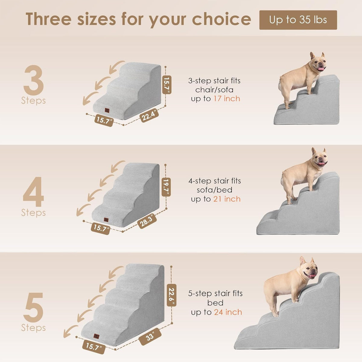 EHEYCIGA Curved Dog Stairs Ramp for Small Dogs 15.7" H, 3-Step Dog Steps for Couch Sofa and Chair