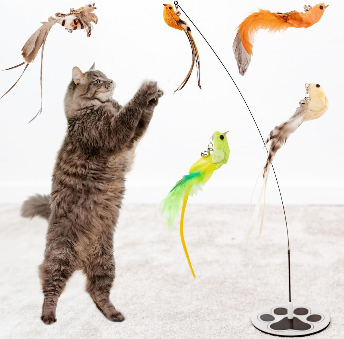 Interactive Bird Simulation Cat Toy Set for Bored Indoor Adult Cats Feather Toy Wand 5 Pcs Natural