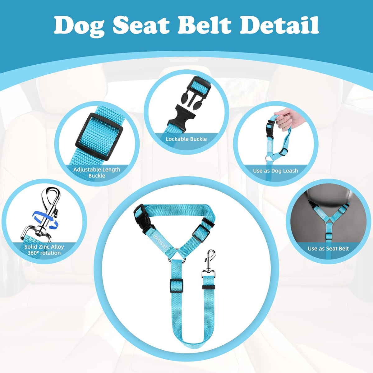 BWOGUE Pet Dog Cat Seat Belts, Car Headrest Restraint Adjustable Safety Leads Vehicle Seatbelt