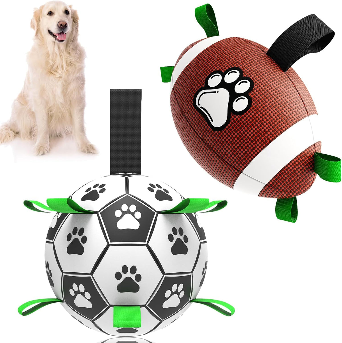 QDAN Dog Soccer Ball Football Set - 2 PCS Dog Balls with Strap for Tug of War, Soccer Ball Football