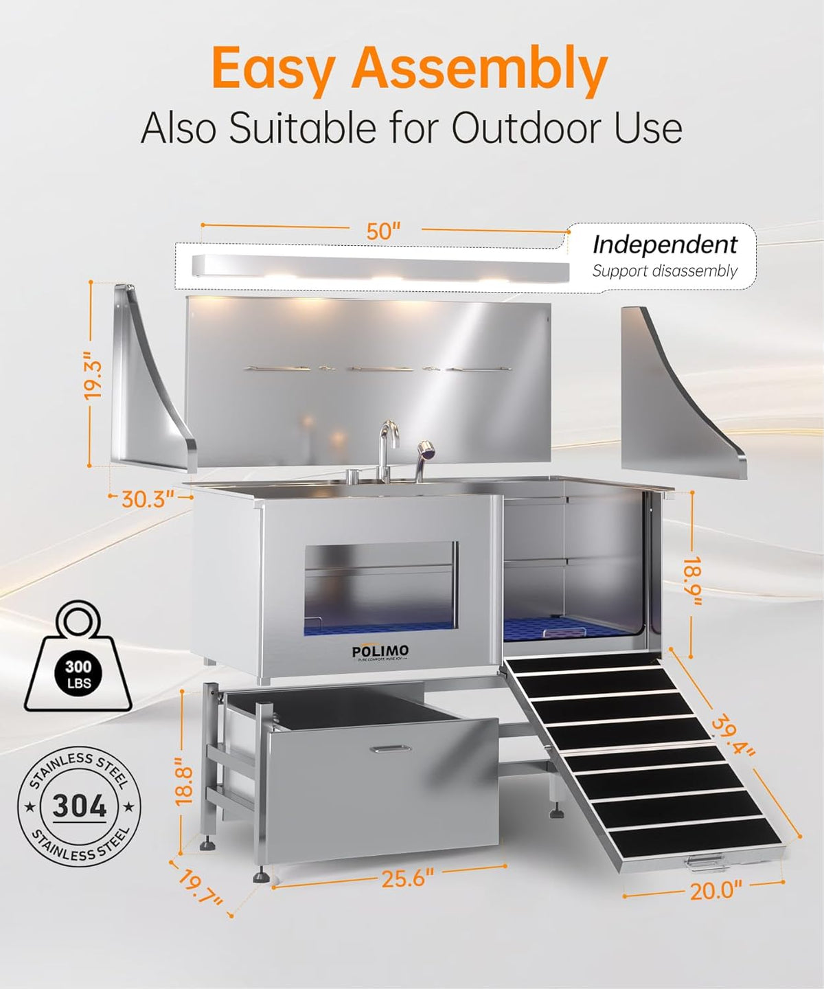 POLIMO Dog Washing Station, LED Professional Stainless Steel Dog Bathing Station 50", Dog Grooming