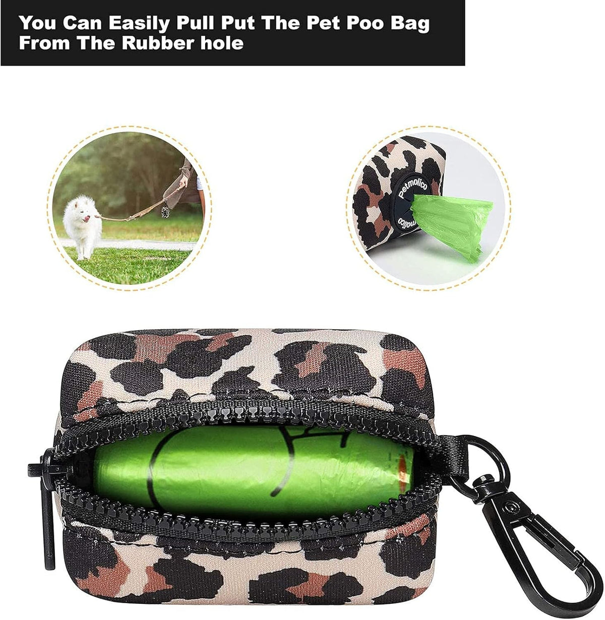 Petmolico Dog Poop Bag Holder Leash Attachment, Waste Bag Dispenser Zippered Pouch, Fits Any Leash