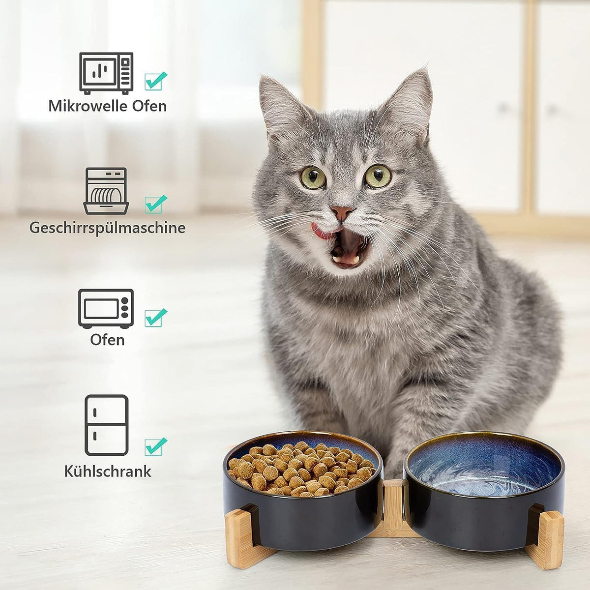 SPUNKYJUNKY Ceramic Dog and Cat Bowl Set with Wooden Stand, Modern Cute Weighted Food Water Set for