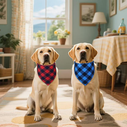 Plaid Dog Bandanas 2-Pack for Small Dogs, Red-Black & Blue-Black Buffalo Check Set - Adjustable