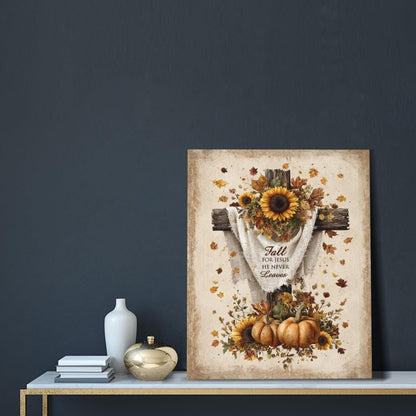 Christian Fall Wall Art Autumn Rustic Cross Sunflower Pumpkin Wall Decor Fall for Jesus He Never