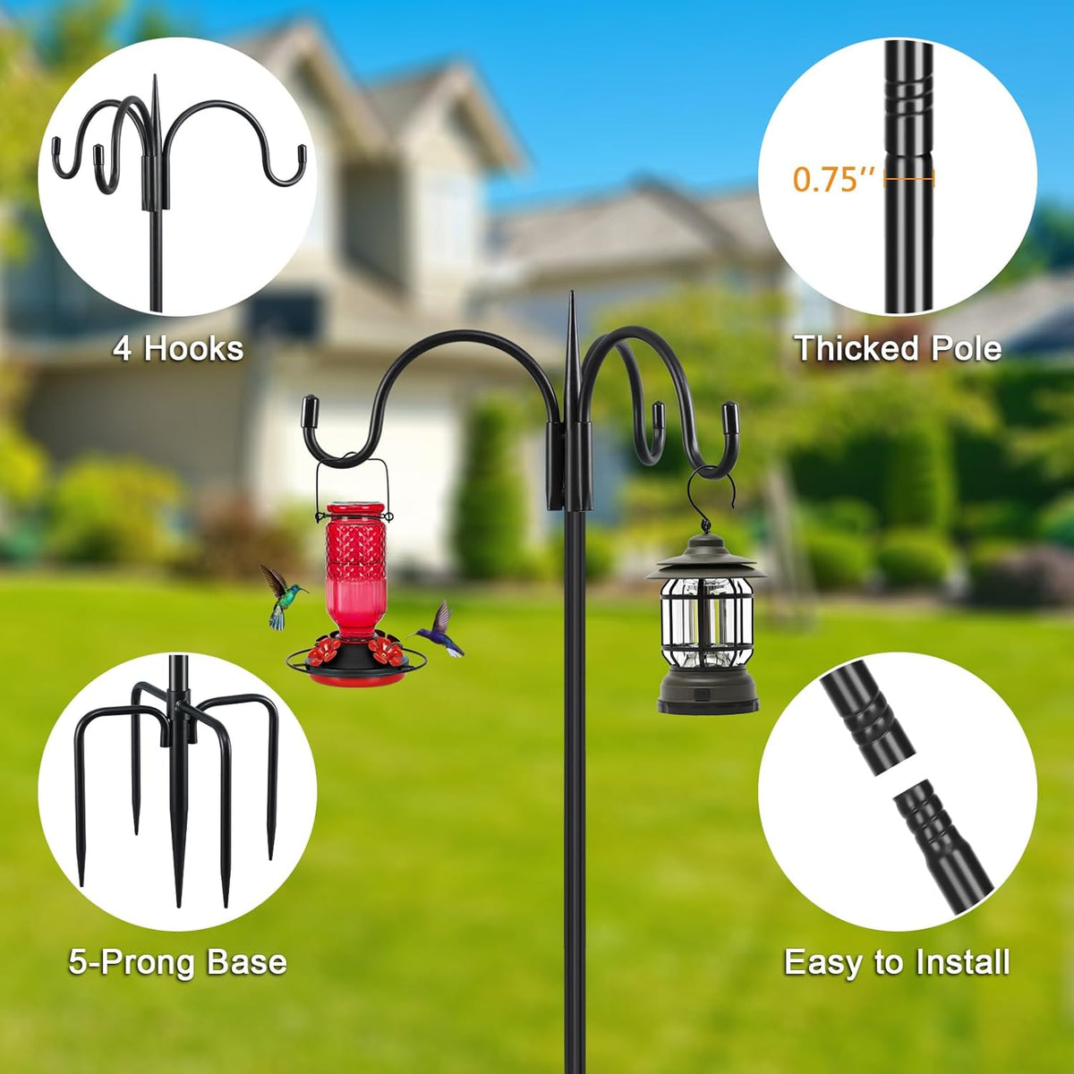 FEED GARDEN [Upgrade Version 76 Inch Three Shepherd Hooks for Outdoor,Bird Feeder Pole with 5 Prong