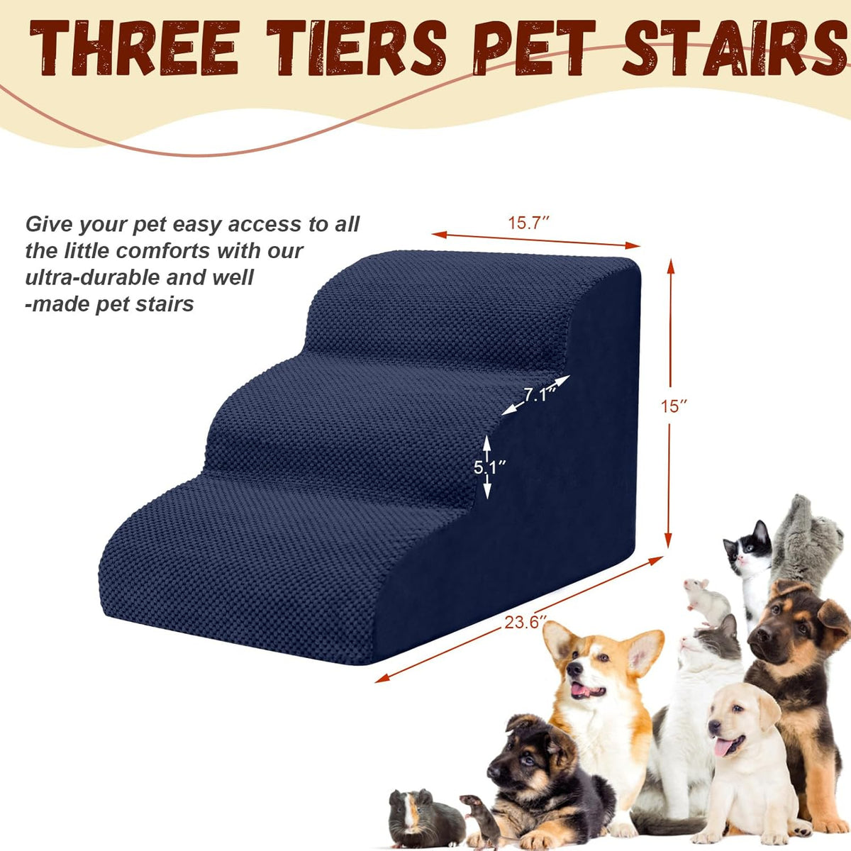 Dog Stairs for Small Dogs - High Density Foam Pet Steps, Extra Wide Dog Ramp with Non-Slip Bottom