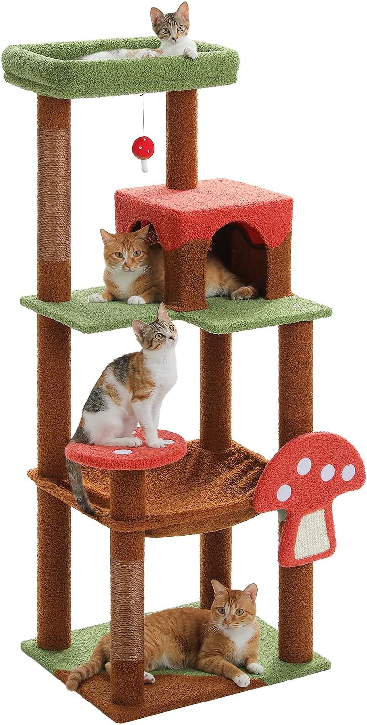 Mushroom Cat Tree Tower with Removable Scratcher, Large Hammock, Condo, Perch, 3 Sisal Posts
