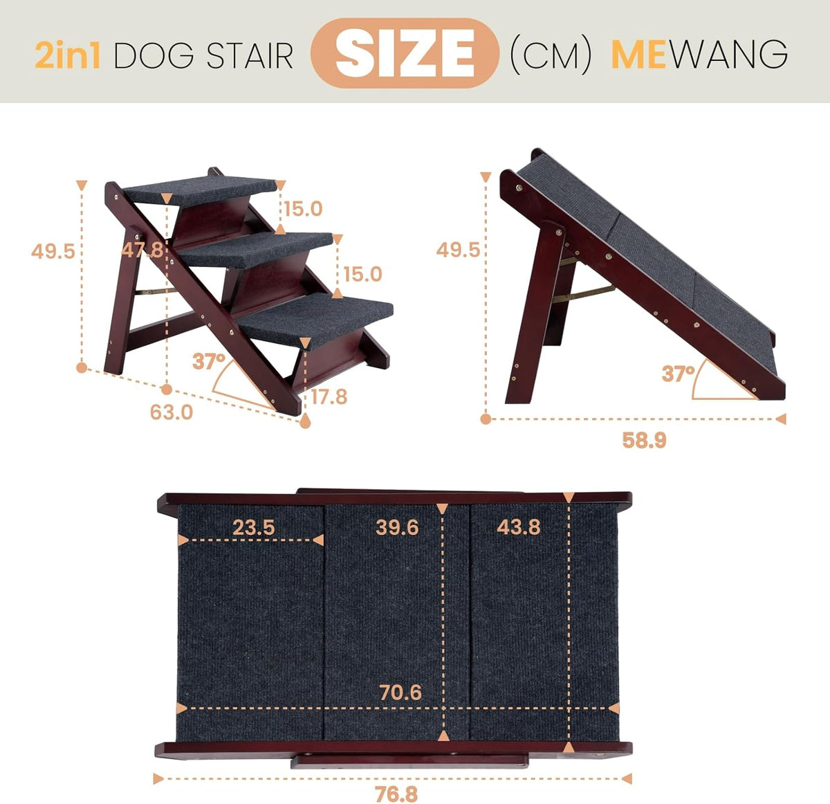 MEWANG Wooden Pet Stairs/Pet Steps - 3-in-1 Foldable Stairs & Ramp for Beds and Cars - Portable