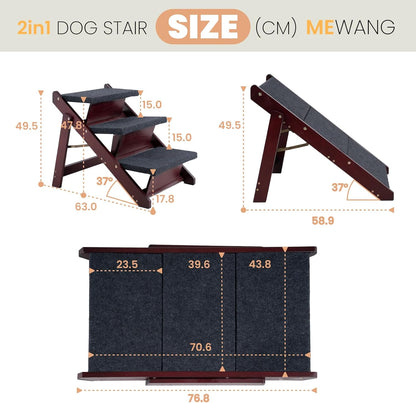 MEWANG Wooden Pet Stairs/Pet Steps - 3-in-1 Foldable Stairs & Ramp for Beds and Cars - Portable