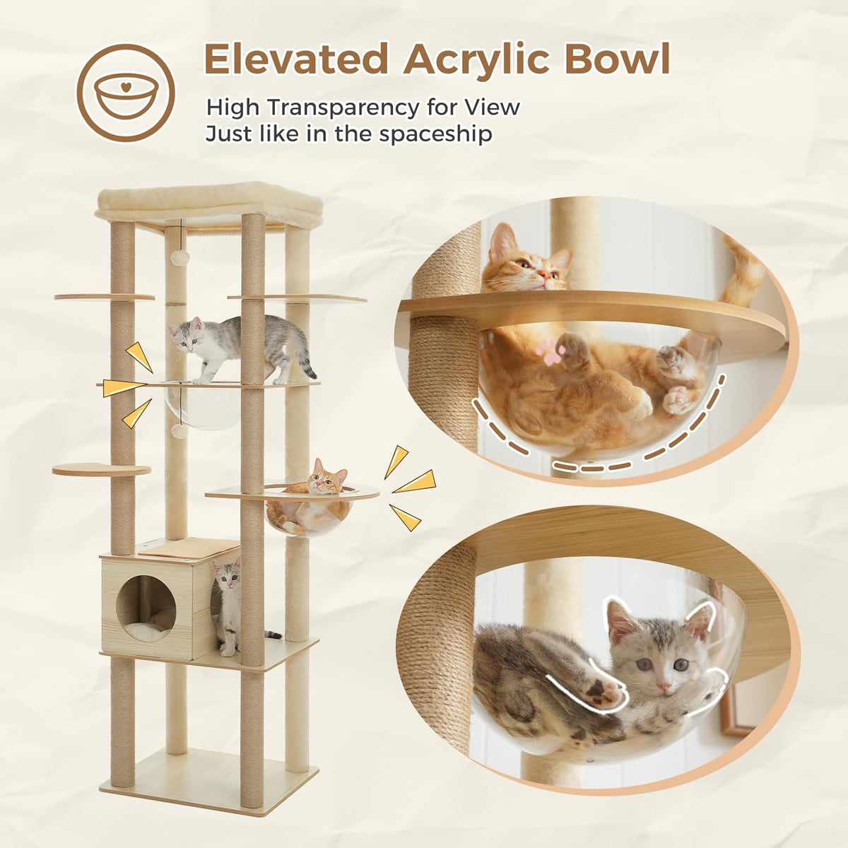 PEQULTI 71'' Cat Tree, Tall Wood Cat Tower for Indoor Cats with 2 Acrylic Cat Hammock, Multi-Level