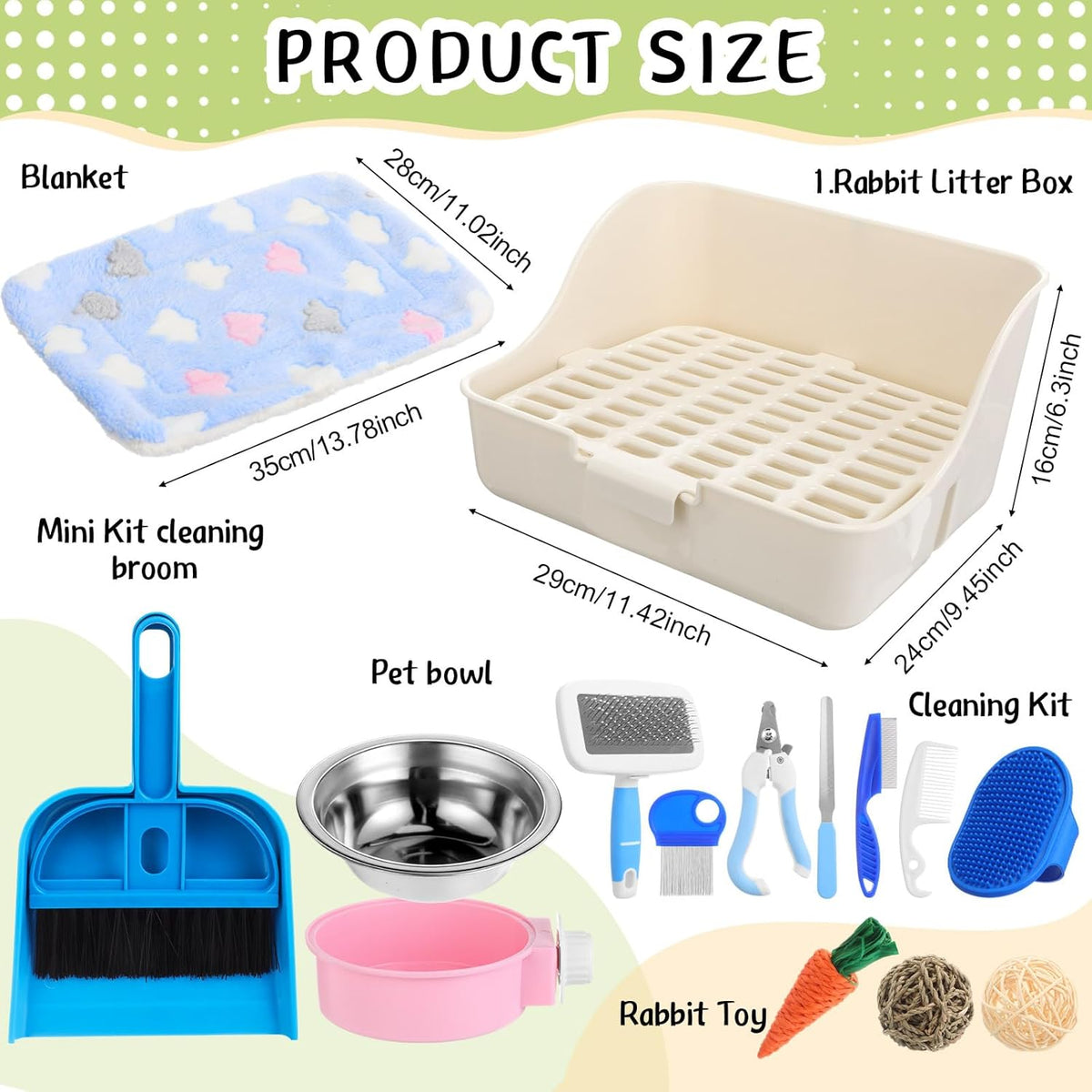 15 Pcs Rabbit Starter Kit Small Rabbit Litter Box Animal Grooming Kit Bunny Toys Bowl Blankets with