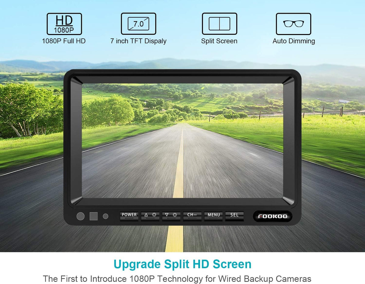 Fookoo ??7" HD 1080P Wired Backup Camera System, 7-inch Dual Split Screen Monitor W/Recording IP69