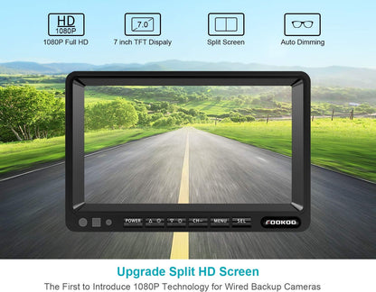 Fookoo ??7" HD 1080P Wired Backup Camera System, 7-inch Dual Split Screen Monitor W/Recording IP69