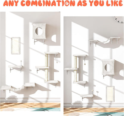 NUNU LAB Wall Mounted Cat Furniture, 5 Pcs Cat Wall Shelves with House, Bridge, Steps, Scratching
