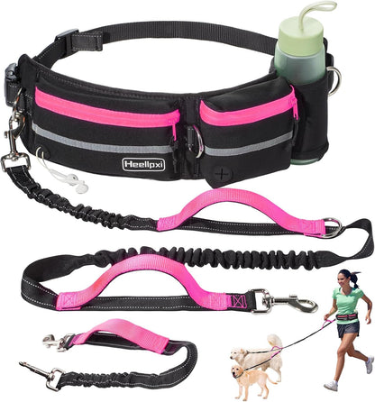 Hands-Free Dog Leash with Pouch, Waist Leash for Walking Two Dogs, Reflective Stitching, Dual