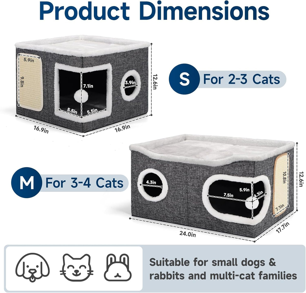Cat Beds for Indoor Cats, Extra Wide Cat Cube House for Multi Cats, Foldable Cat Cave Hideaway with