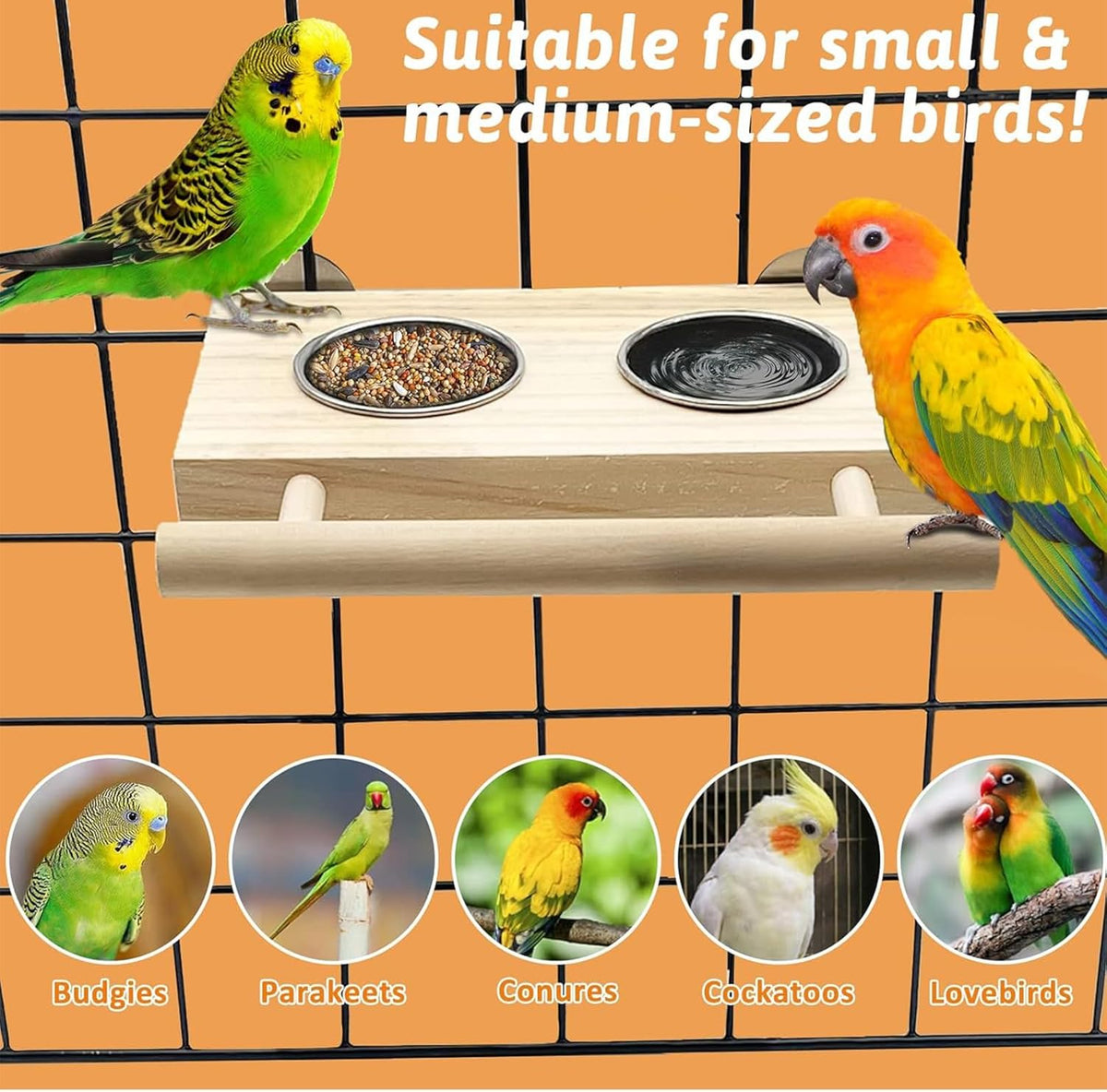 Tfwadmx Bird Feeding Dish Cups with Wooden Platform Hanging Stainless Steel Parrot Cage Feeder Bowl