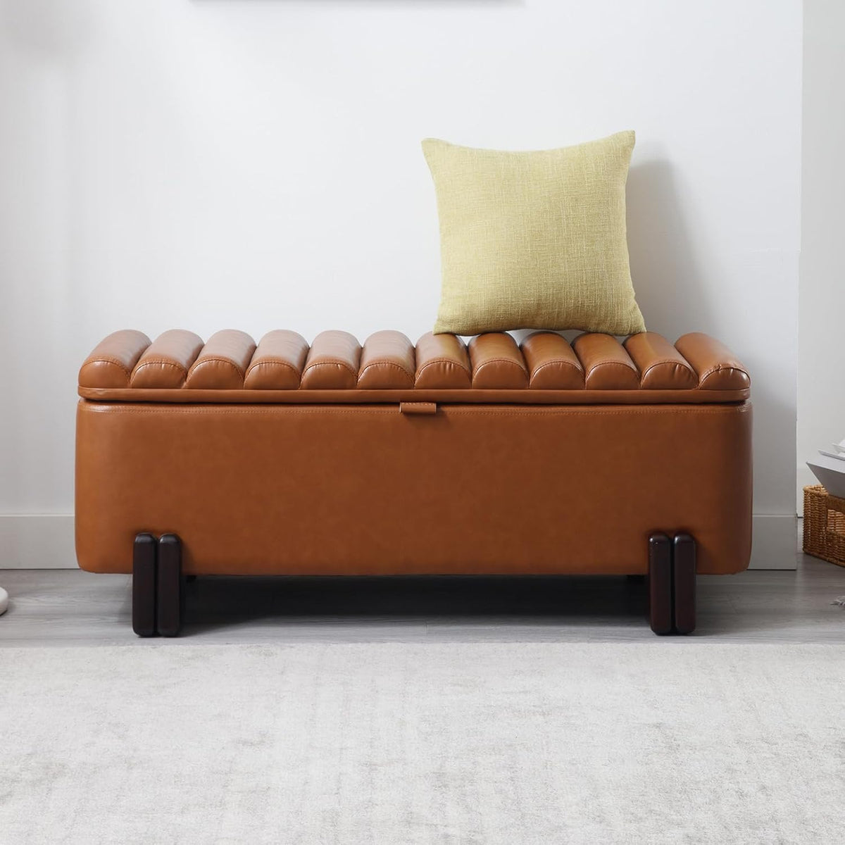 Kmax 45" Storage Bench PU Leather Entryway Bench Upholstered Ottoman Bench with Wavy Top & Safty