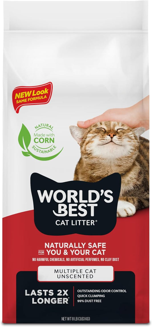 WORLD'S BEST CAT LITTER Multiple Cat Unscented, 8-Pounds - Natural Ingredients, Quick Clumping
