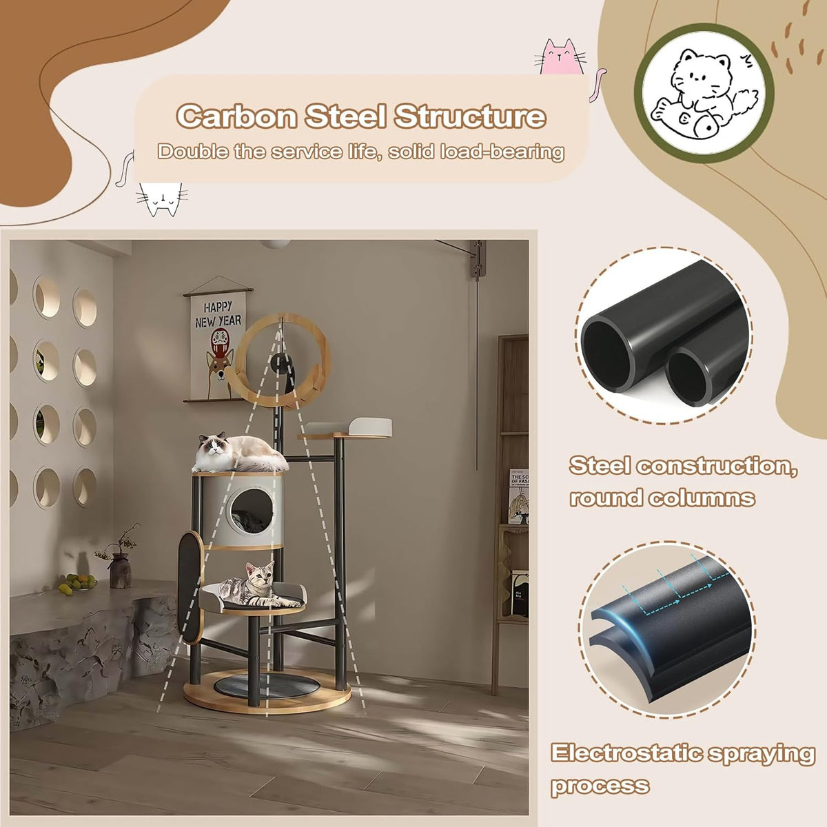 Cat Tree, 66In Cat Tower with Scratching Post, Tall Multi-Level Cat Houses for Indoor Cats Large