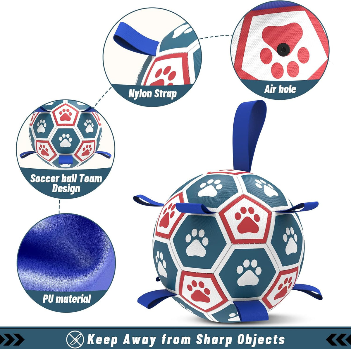QDAN Dog Toys Soccer Ball with Straps, Herding Balls for Dogs, Interactive Toy for Tug of War