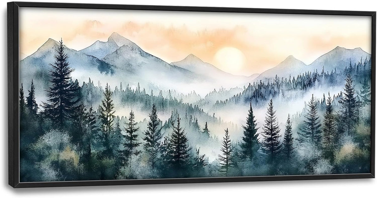 Large Misty Mountain Forest Wall Art for Living Room, Framed Foggy Sunrise Landscape Wall Decor
