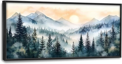 Large Misty Mountain Forest Wall Art for Living Room, Framed Foggy Sunrise Landscape Wall Decor