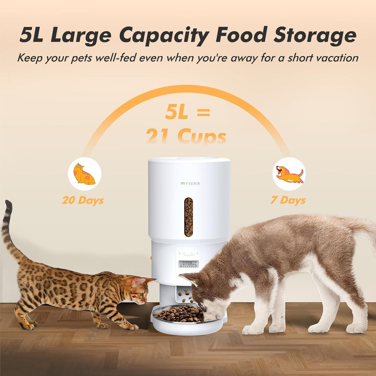 Automatic Cat Feeder - 5L Anti-Clog Cat Food Dispenser with Freshness Preservation, 1-6 Meals/Day