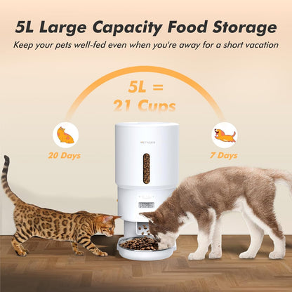 Automatic Cat Feeder - 5L Anti-Clog Cat Food Dispenser with Freshness Preservation, 1-6 Meals/Day