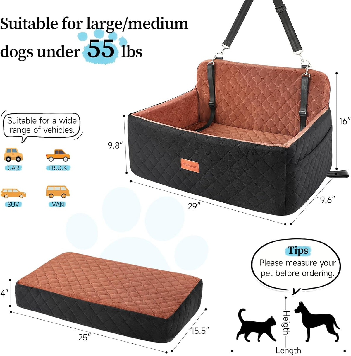 Dog Car Seat for Medium/Large Dogs, Pet Booster Seat for Under 55 lbs or 2 Small Dogs, Detachable &