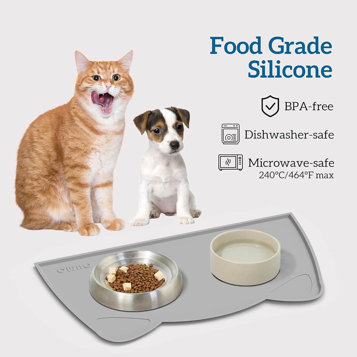 OHMO - Cat Food Mat, Silicone Pet Feeding Mat for Floor Non-Skid Waterproof Dog Water Bowl Tray