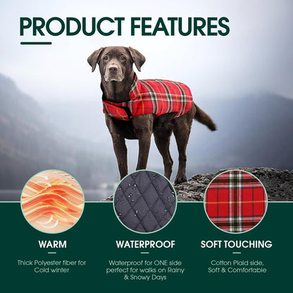Kuoser Waterproof Dog Coat, Reversible Dog Jacket for Large Dogs, Adjustable Durable Doggie Winter