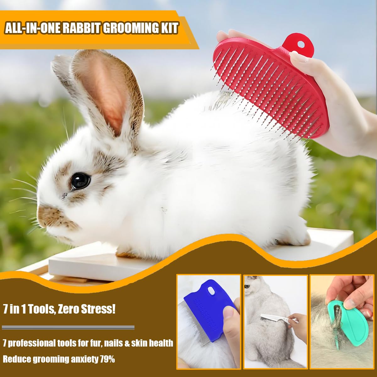 Rabbit Grooming Kit – Bunny Grooming Kit with Shedding Brush, Nail Clippers & Comb – Small Animal