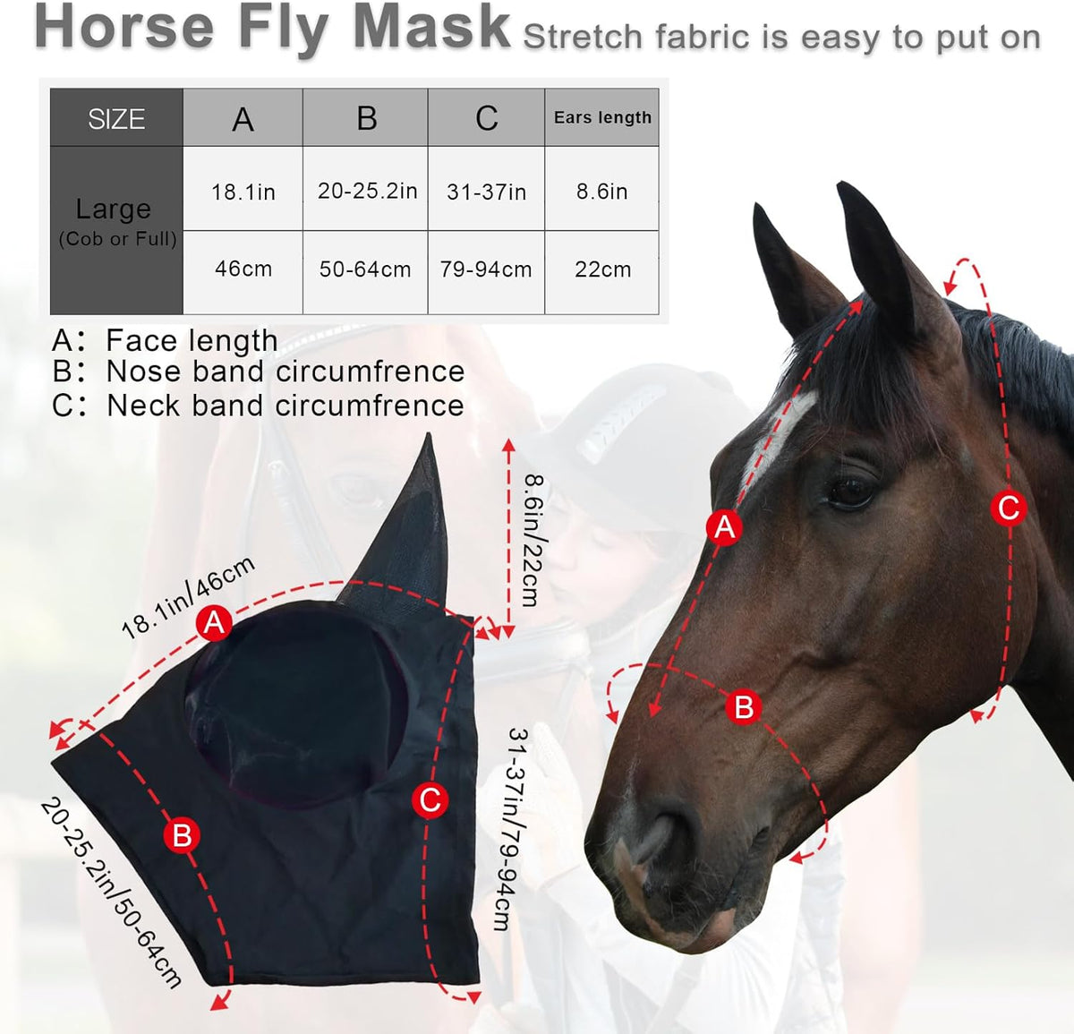 Horse Fly Mask with Ears, Comfortable Fit Stretch Fabric with UV Protection Soft on Skin