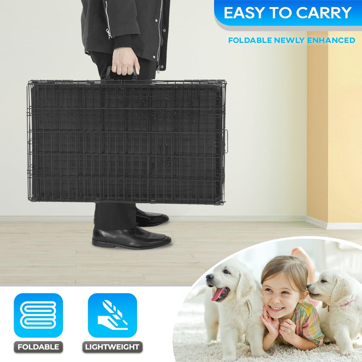 FDW Dog Crate for Small Dogs 18 Inch Folding Metal Wire Pet Cage Double Door W/Divider Panel Indoor